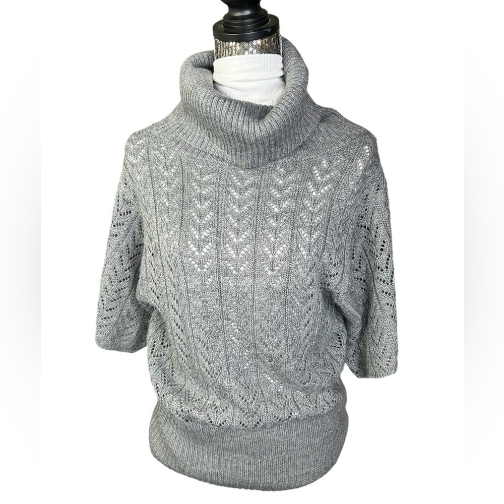 Adrienne Vittadini eyelet cowlneck sweater short sleeve mercerized wool Large